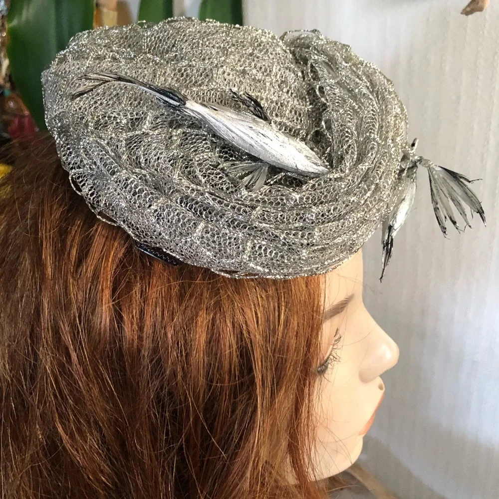 Antique Silver Metallic Hat w Birds - Picture 4 of 11
